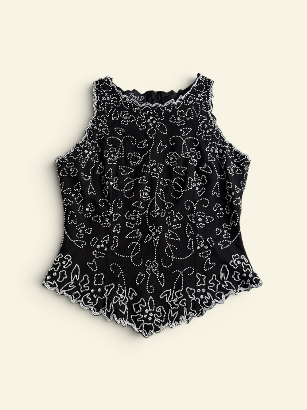 JMD New York Black White Beaded Tank Top Vintage 90s Scalloped Hem Small Whimsy